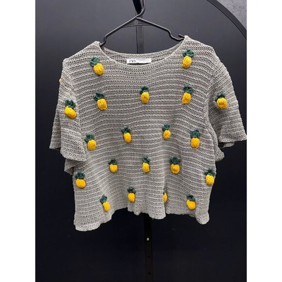 Zara Steel Grey Pineapple Applique Crewneck Crochet Top - Picture 2 of 6